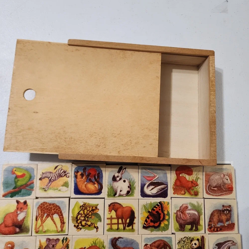 Vintage Wooden Animal Memory Matching Game 28 Piece Set with Storage Box 714630